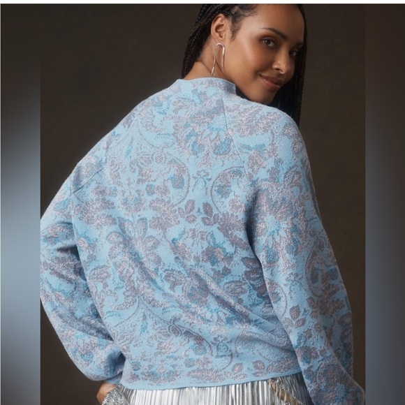 Anthropologie Beatriz Mock Neck Sweater Lurex Edition Blue SilverGray Size M - Picture 4 of 13